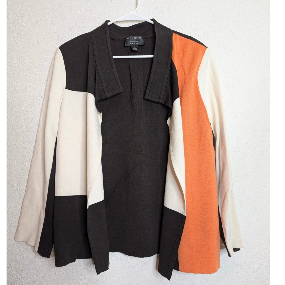 St John Women Knit Cardigan Jacket 12 Brown Colorblock Open Front Quiet Luxury
